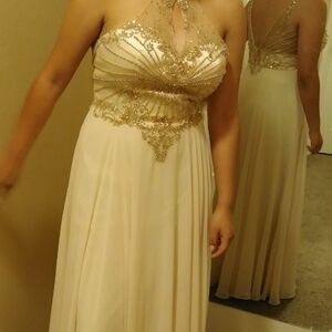 Elegant Cream Halter Dress with Gold Accents